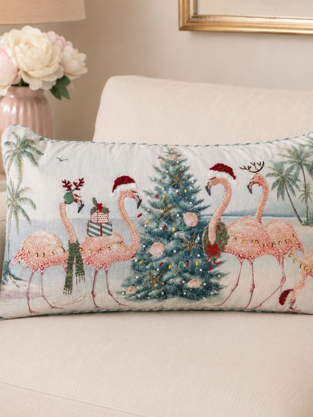 Holiday Flamingo Decorative Pillow - Pink & Teal